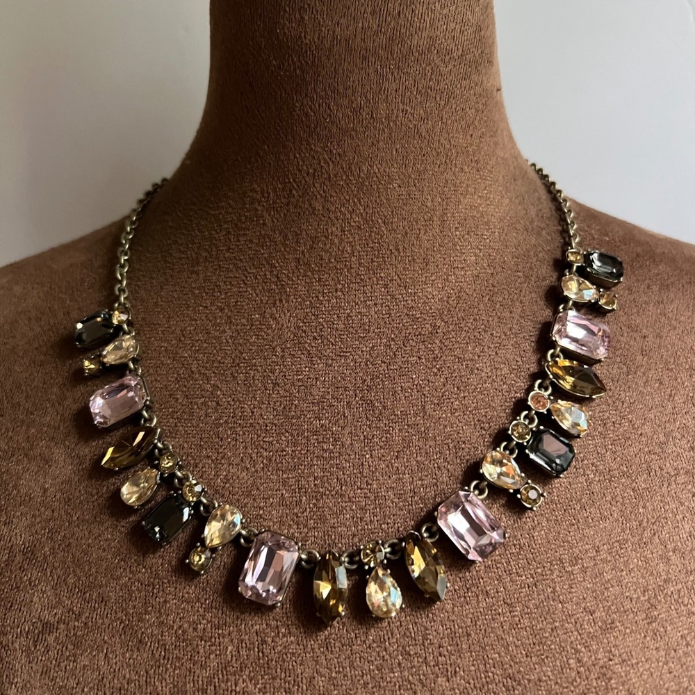 Vintage Style Multi Color Crystal Statement Necklace Pink Amber Grey 18-21 Inch